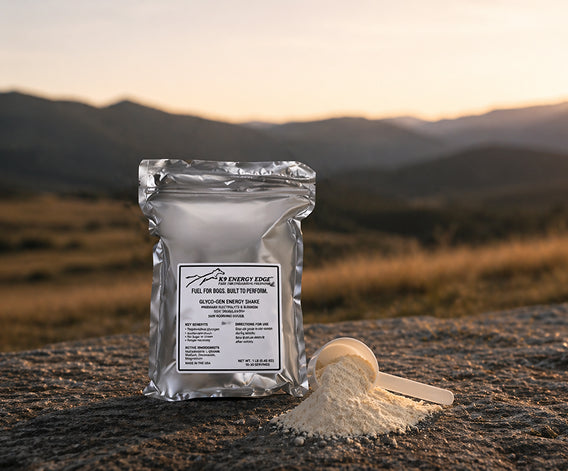 Energy bar package with a spoonful of powder on a mountain background